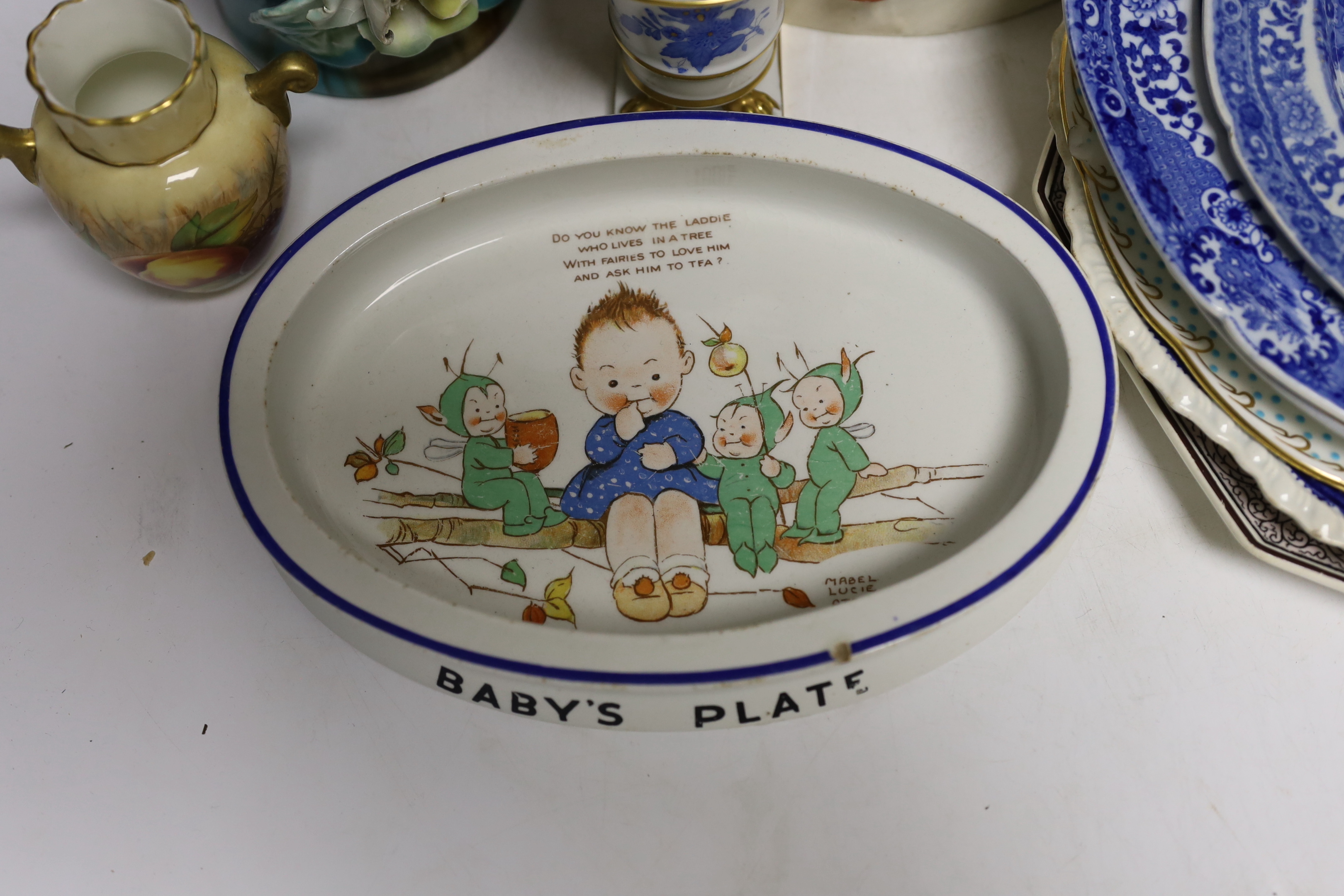 A large French porcelain seated ‘mother and child’ group , a collection of 19th century blue and white pottery plates, a Mabel Lucy Attwell oval dish, a Herend pot, an Aynsley vase, etc.